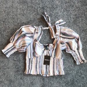 Forever 21 Puff Sleeve Striped Paper Style Crop Too